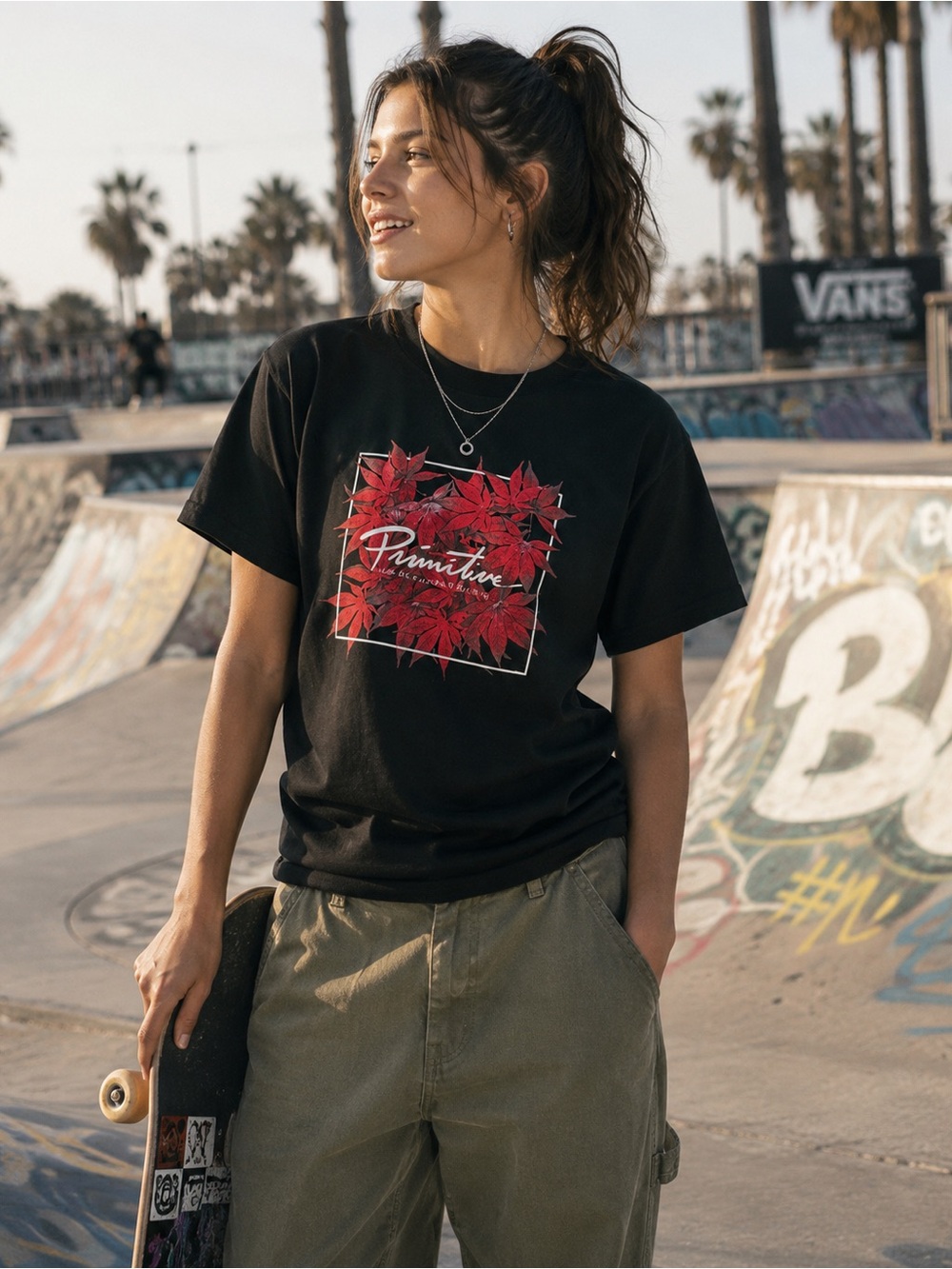 Primitive Skateboarding Red Leaf Graphic T-Shirt Black Size Small 100% Cotton